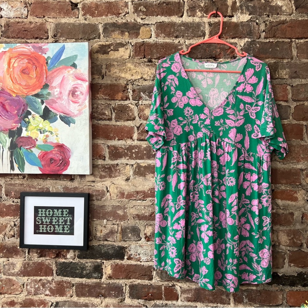 Green Floral V-Neck Women's Dress with Pink Print